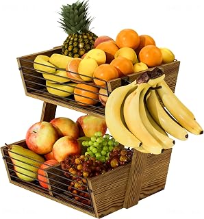 NiHome Obstkorb Holz 2 Etagen, Obstständer mit Haken, Etagere Küche, Braun