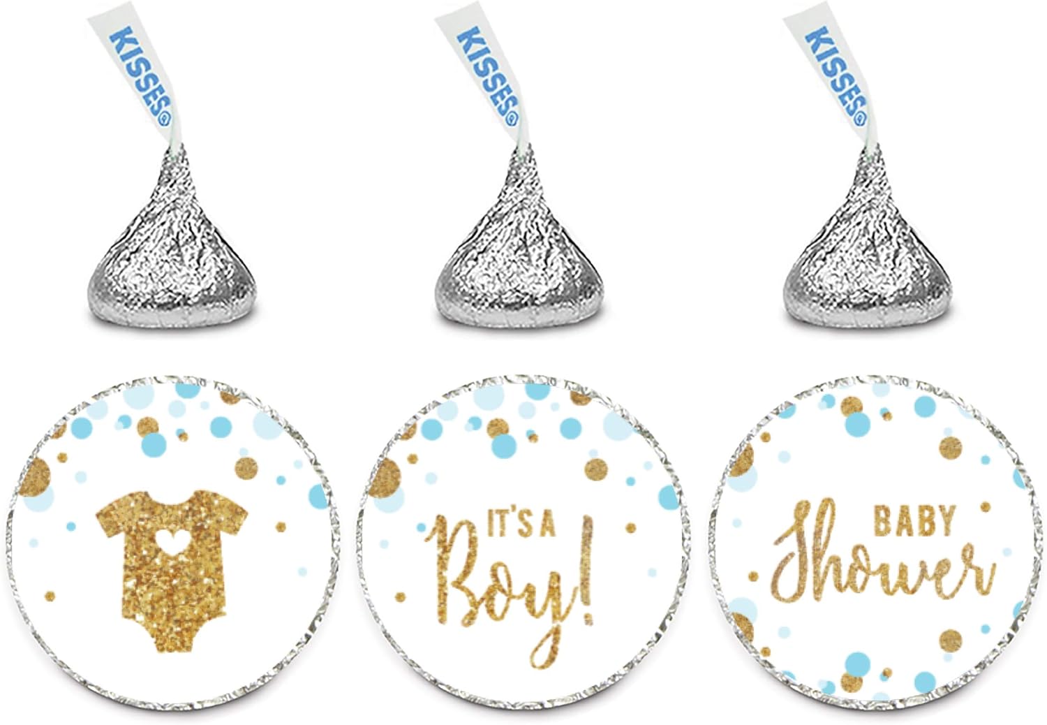 Andaz Press Light Blue Gold Glitter Boy Baby Shower Party Collection, Chocolate Drop Label Stickers Trio, 216-Pack, Fits Kisses Party Favors