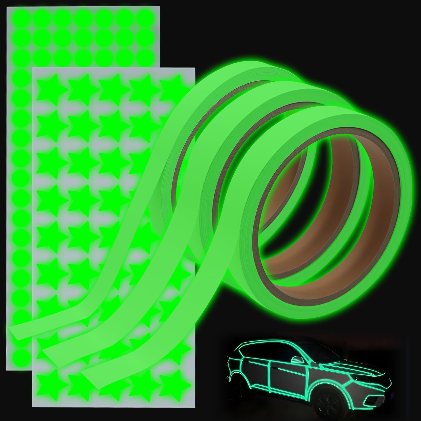 Glow in the Dark Tape 3 Rolls (49ft/15m) , Self-Adhesive Green Luminous Tape with 126 Dots and 45 Stars, For Emergency Markings, Decorations, And Nighttime Alerts on Stairs, Walls, And in Homes.