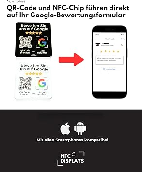 Stand / Sticker Card for Google Reviews – with QR Code and NFC – 6 x 6 cm (2x Pack White German)