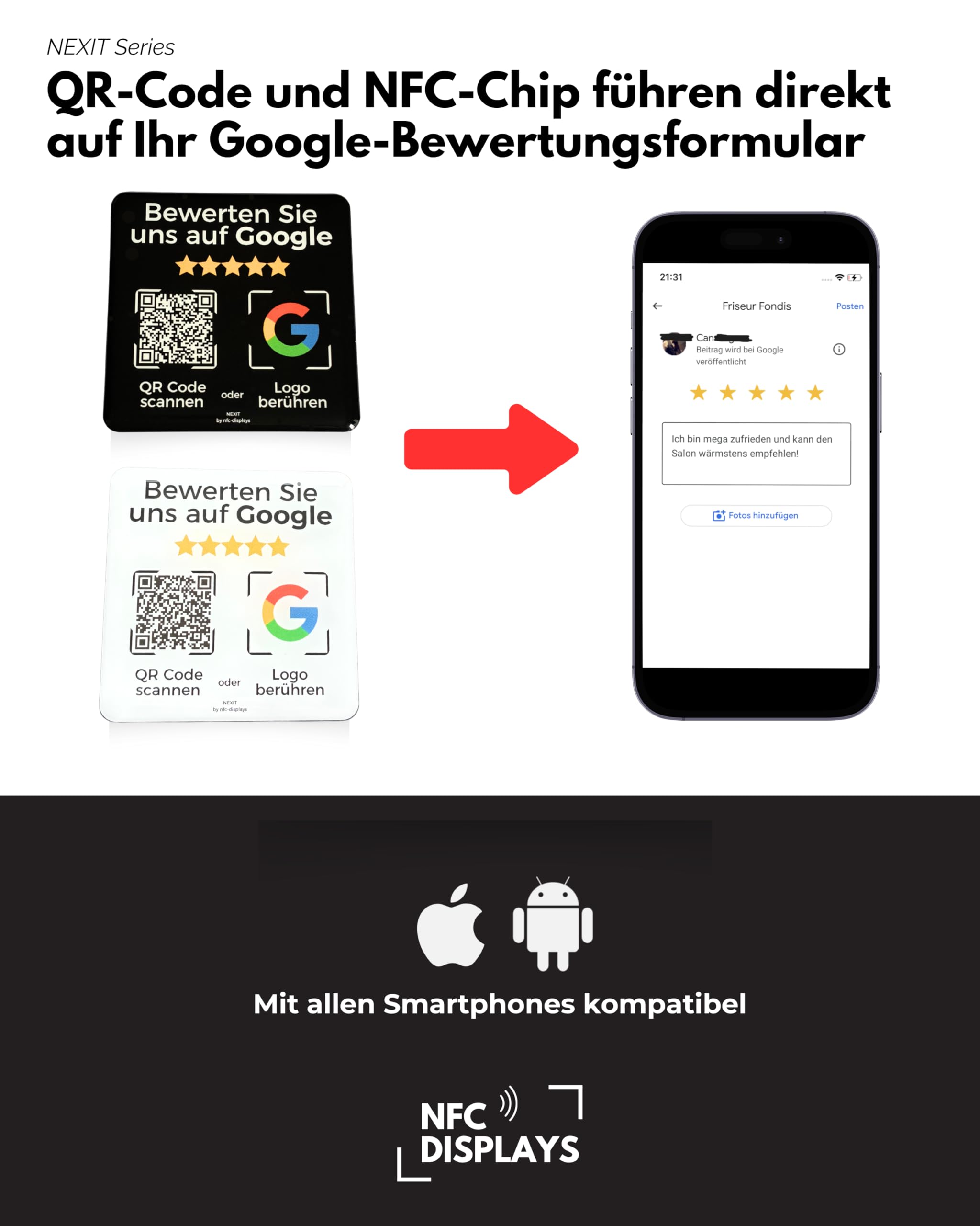Aufsteller Aufkleber-Karte für Google Bewertungen mit QR-Code NFC 6x6 cm 5x Pack weiß Deutsch