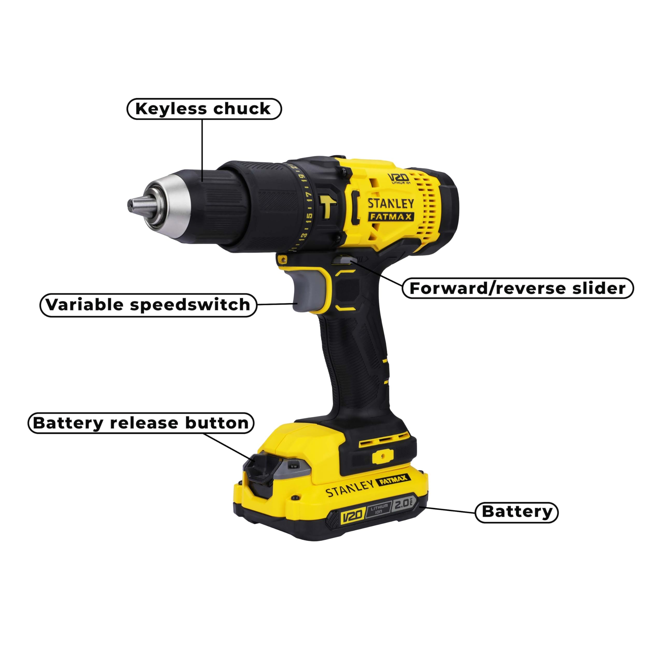 STANLEY FATMAX SCD711D2K 20V 2.0Ah 13 mm Reversible Cordless Brushed Hammer Drill With With 2x2.0Ah Li-ion Batteries, 1pc Charger, 2 Speed Gearbox & LED Worklight, 2 Year Warranty, YELLOW & BLACK 1