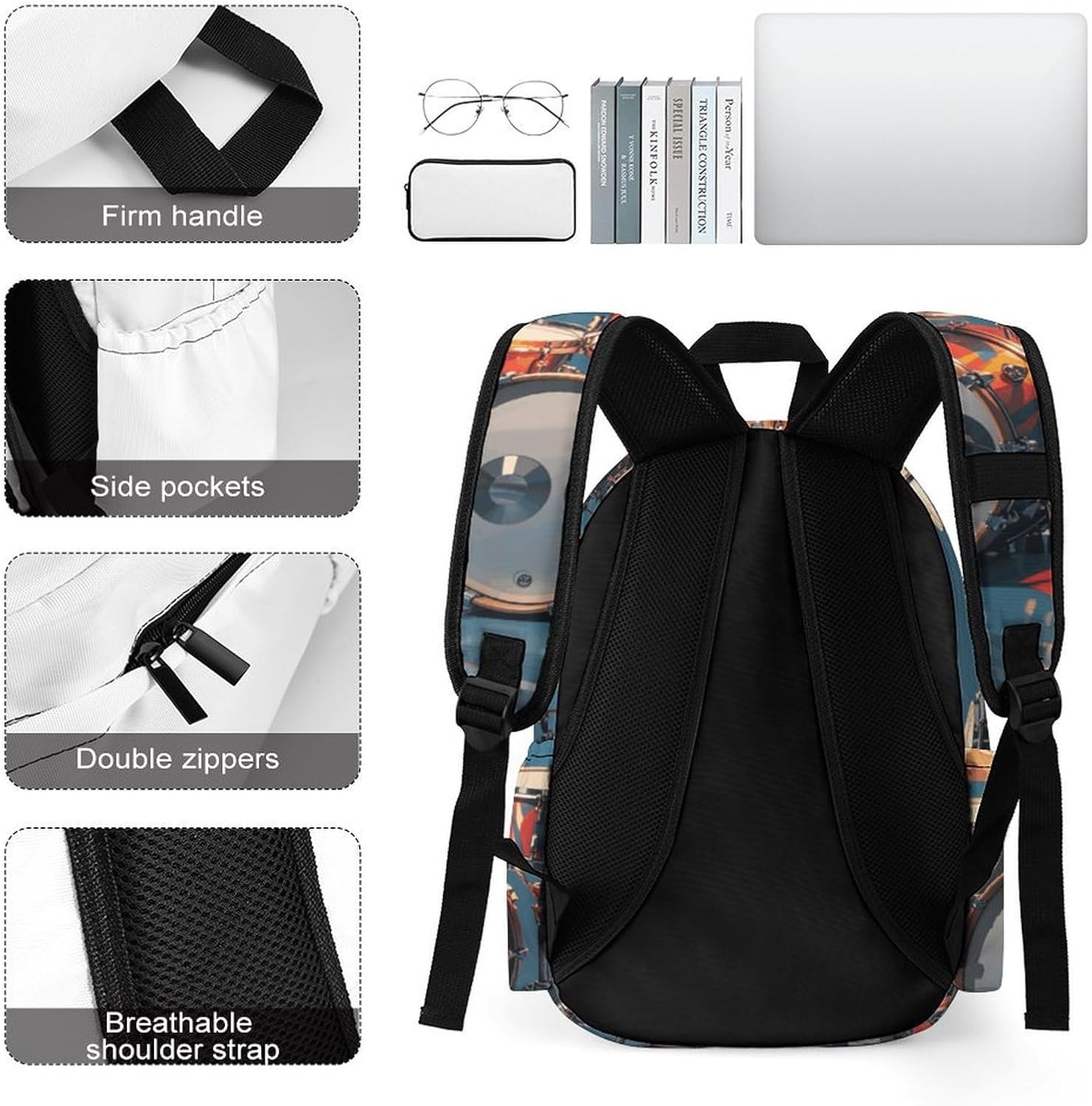 Cool Drum Set Travel Backpack for Women Men 16.5 Inch image 5