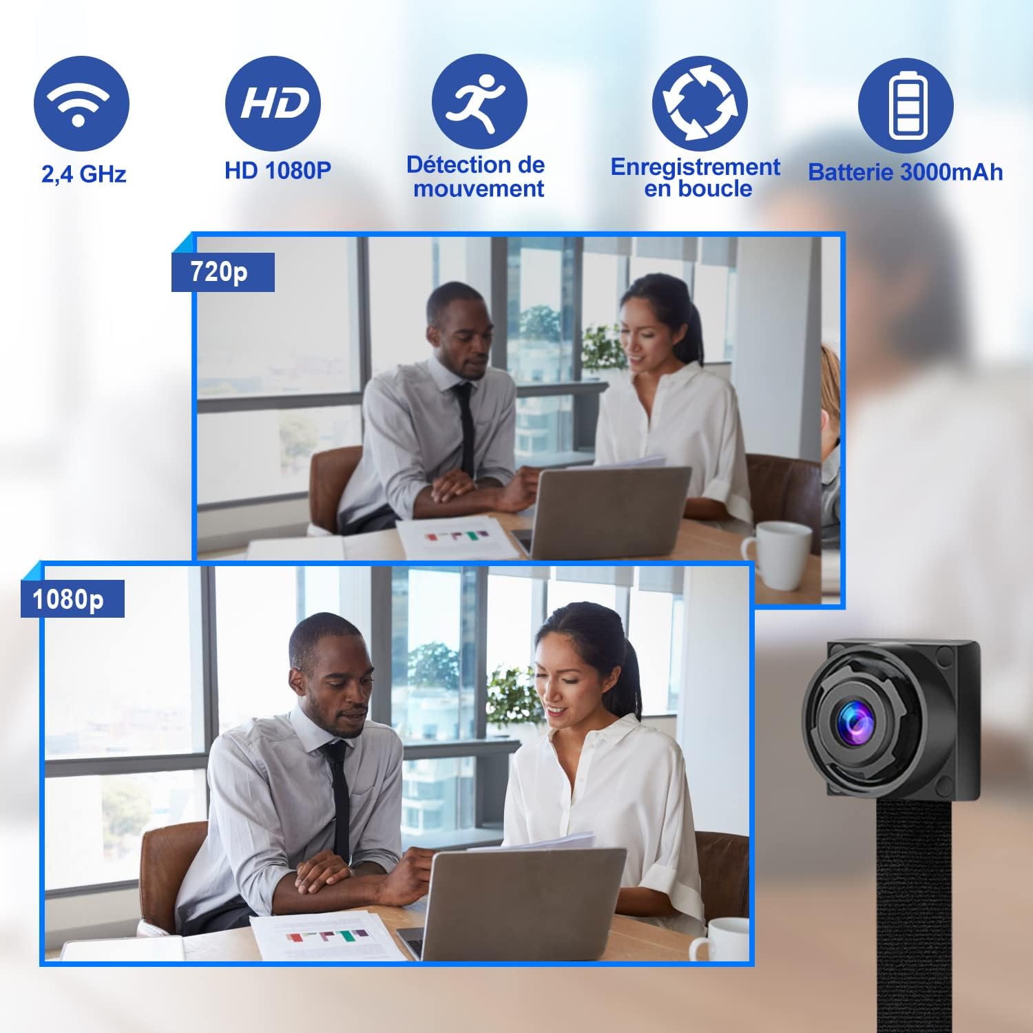 QZT Mini WiFi Camera features including 2.4GHz WiFi, HD 1080P, Motion Detection, Loop Recording, and 3000mAh Battery