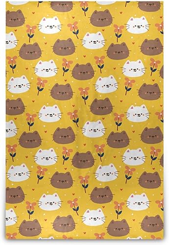 KLL Cute Cartoon Cat and Plant Yellow Plush Travel Blankets 60x90 Inches Warm Spring Blanket for Home Decor, Bedroom, Bed, Holiday Microfiber