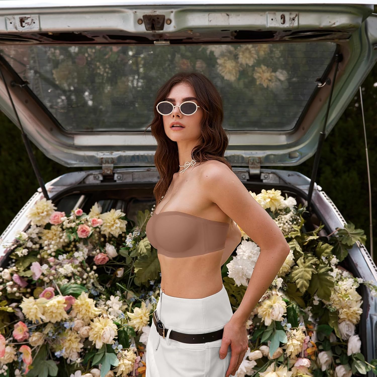 OEAK Womens Strapless Bras Push Up Bandeau Bra Non Slip Wireless Supportive Padded Bras Seamless Comfortable Tube Bra Coffee XL - Image 5