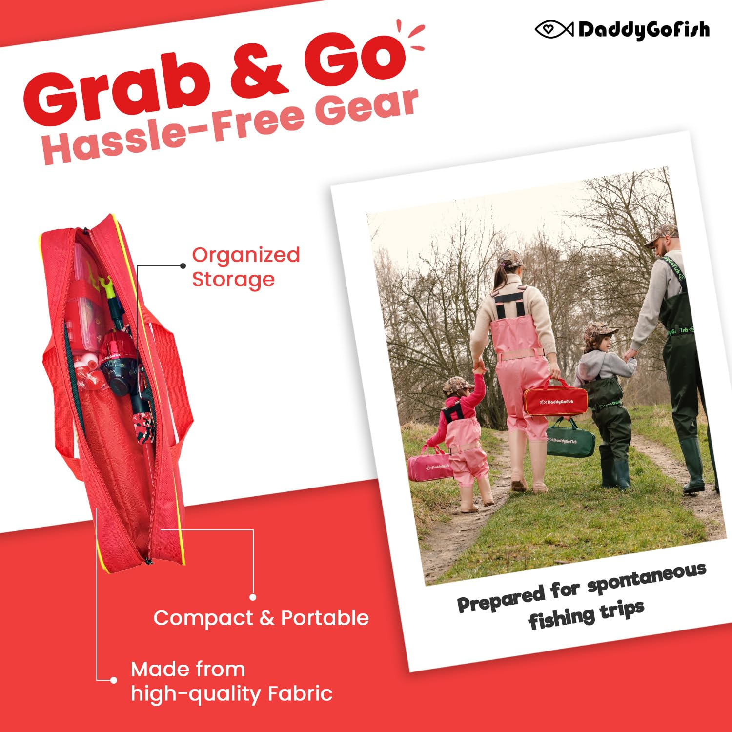 DaddyGoFish Enfants Canne à pêche télescopique Spincast Combo Chaise Pliable Porte-Canne boîte à appâts Filet et Sac de Transport garçons et Filles