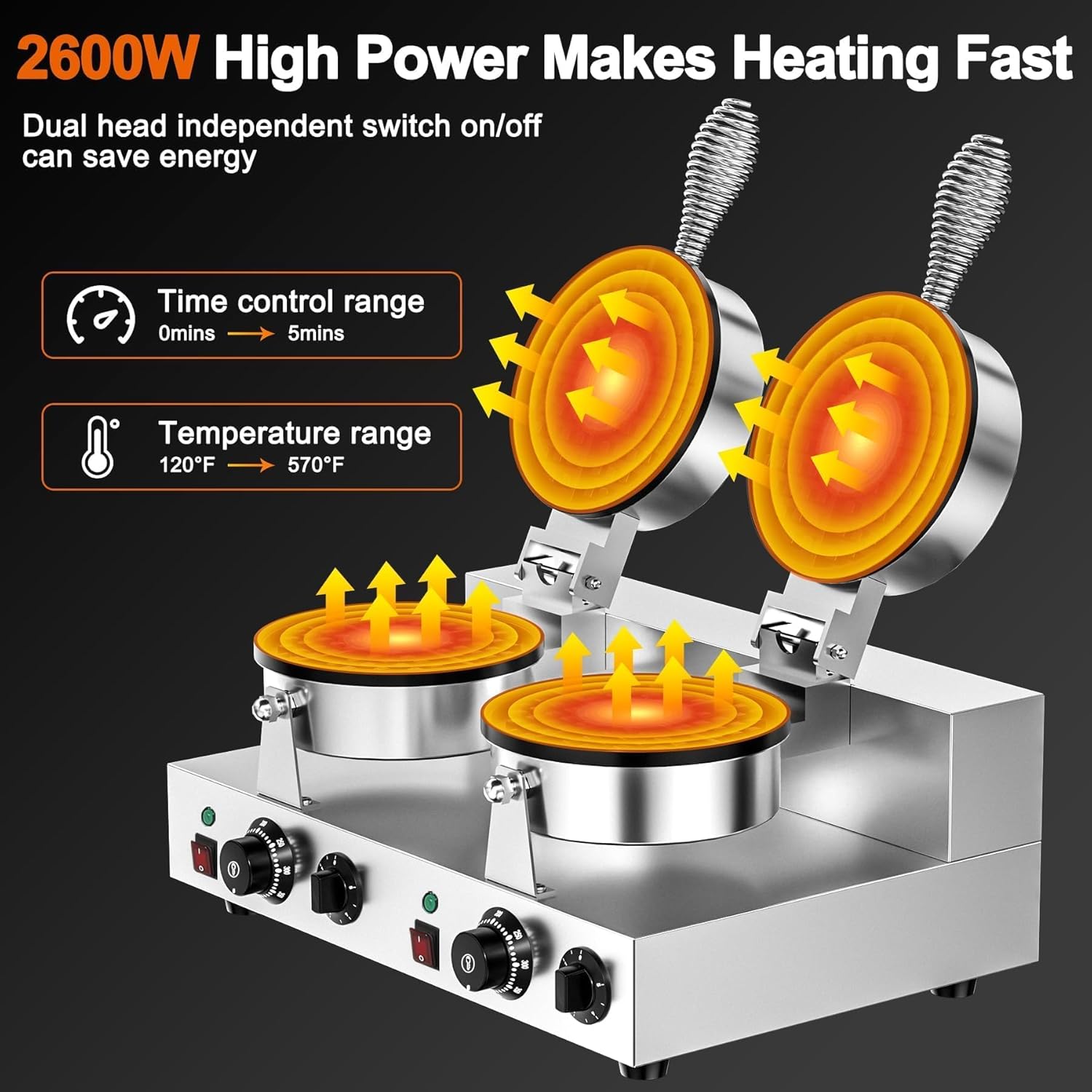 Commercial Waffle Maker, Dual-Head, Dual Zone Temp Setting, 2600W Stainless Steel Waffle Baker Machine, 50-300°C(120-570℉), Nonstick, for Catering, Restaurant, Perfect for Iftar, CE Certified