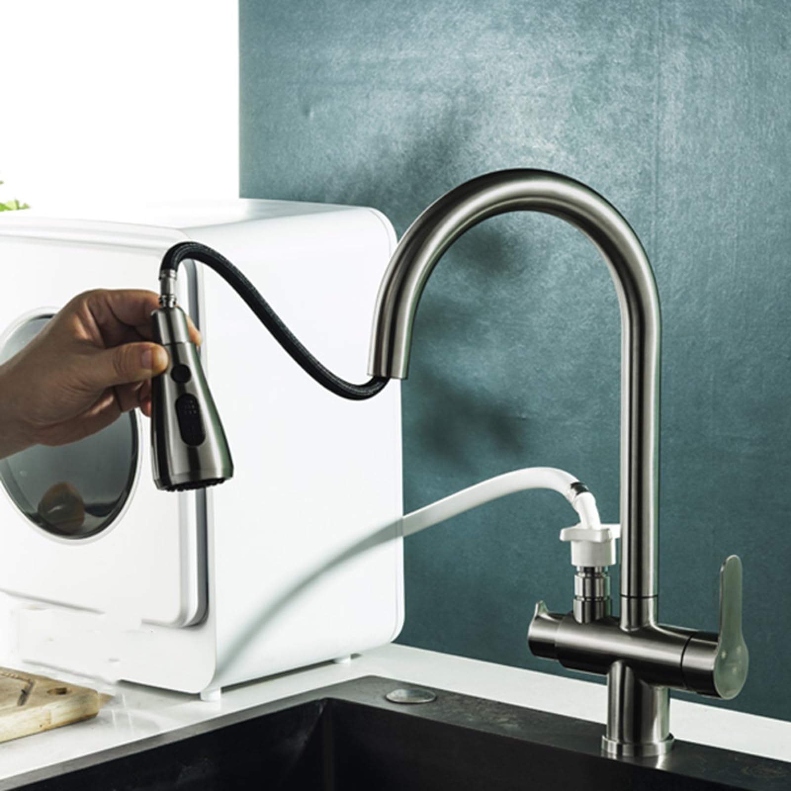 ZYCHSJXA Kitchen Tap with Dishwasher Connector Rotary Stainless Steel 2 Handles Mixer Taps Single Hole-Grey