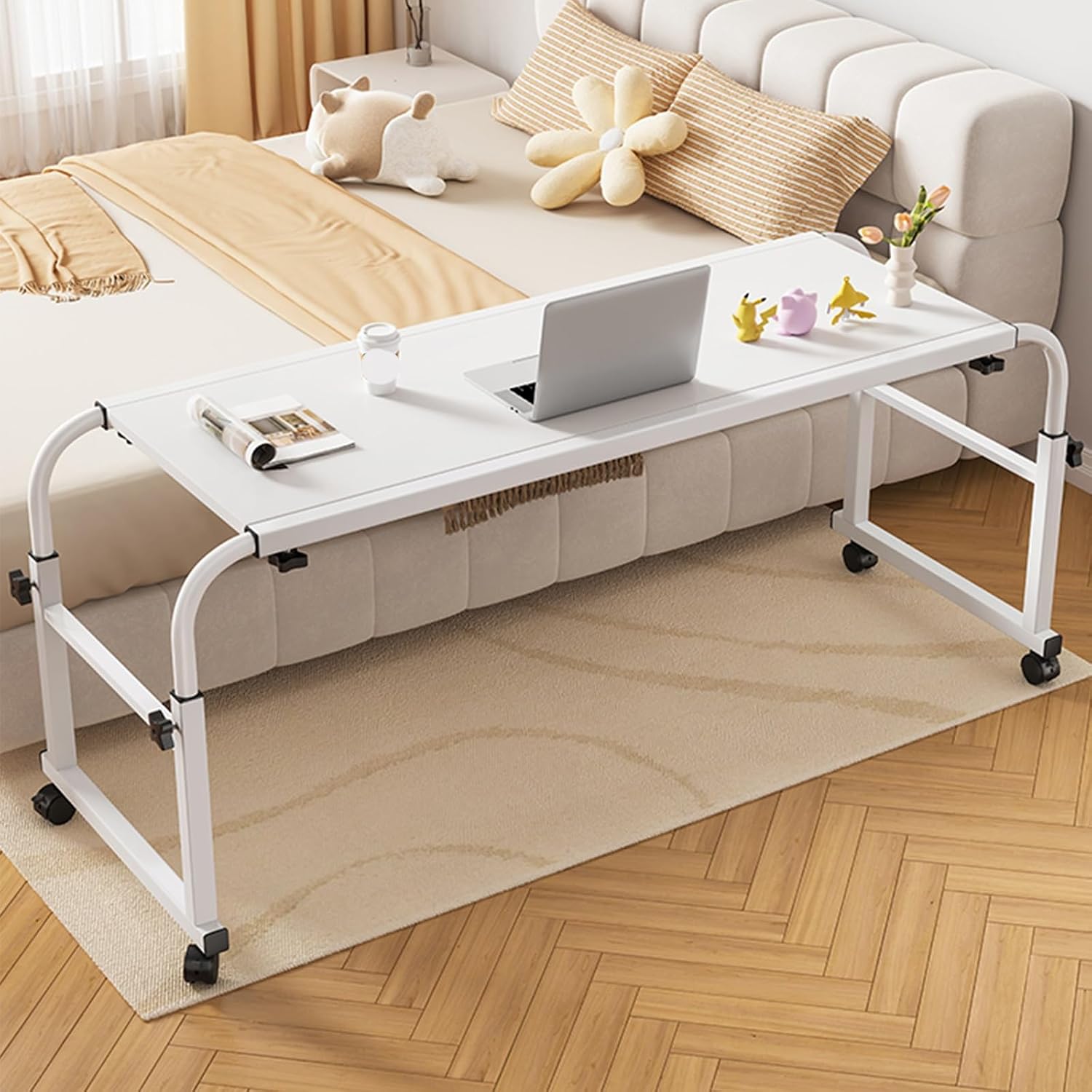 Adjustable Rolling Laptop Desk Multi Functional Overbed Table with Brake Wheels Ideal for Bedroom Study Living Room Stretchable Cross Bed Table Easy Mobility