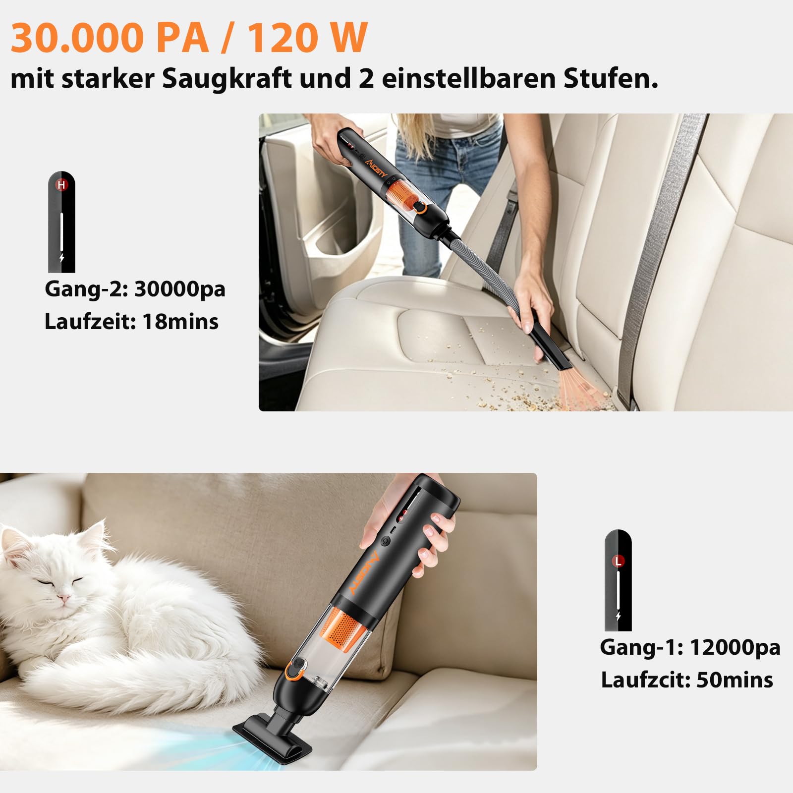 Handstaubsauger Akku 30000Pa, 4-in-1 Akku-Autostaubsauger Bürstenloser Motor, Auto Staubsauger Stark Handstaubsauger Auto 7800-mAh-Akku 50 Min Laufzeit 1,5 Std Schnellladung Aluminiumgehäuse
