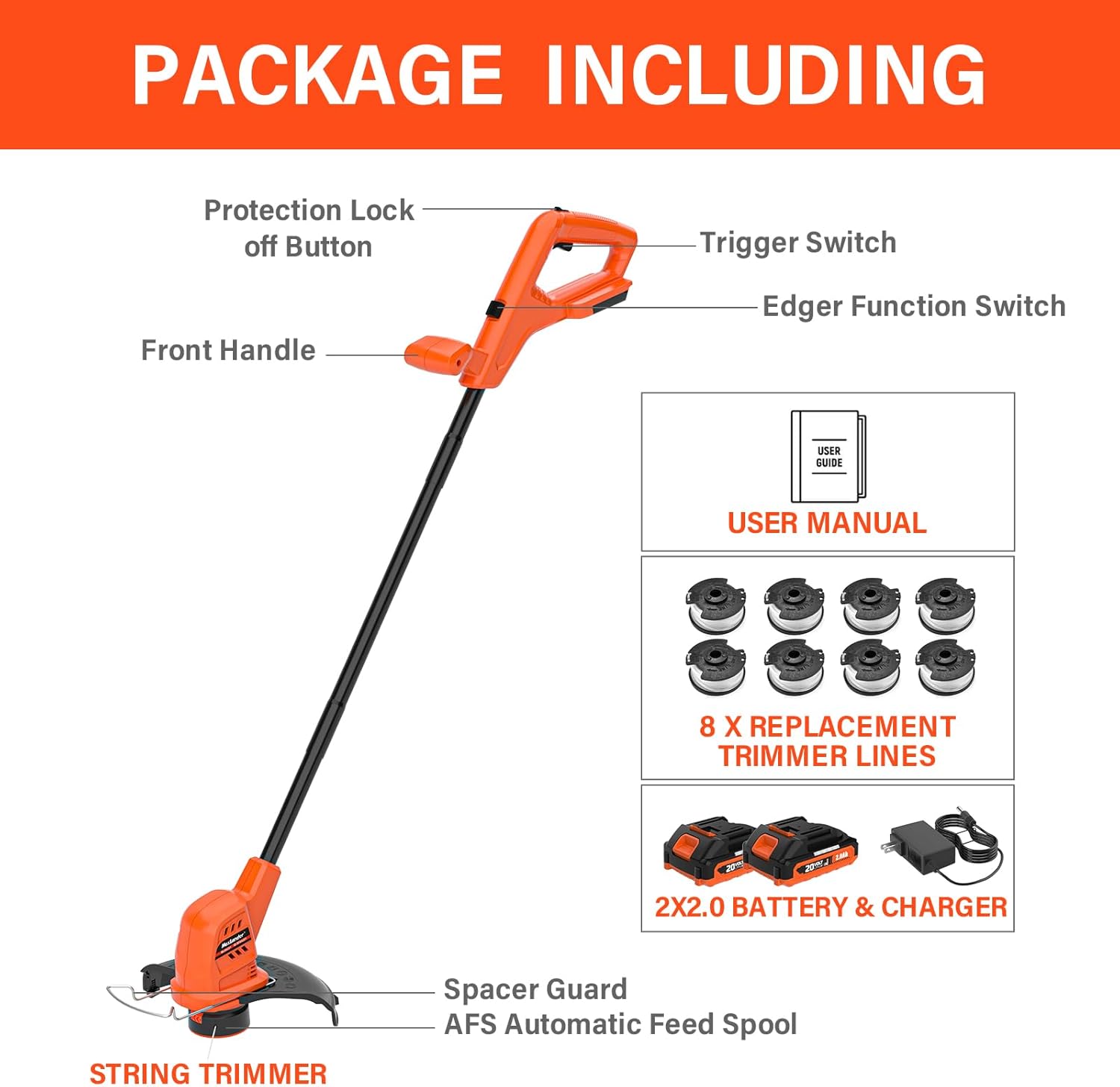 MAXLANDER Weed Wacker Cordless, 20V 10 Inch Weed Wacker Battery Operated, Lightweight String Trimmer and Edger Trimmer with 8 Pcs Replace Spool Trimmer Lines, 2x2.0 Ah Battery and Charger Included