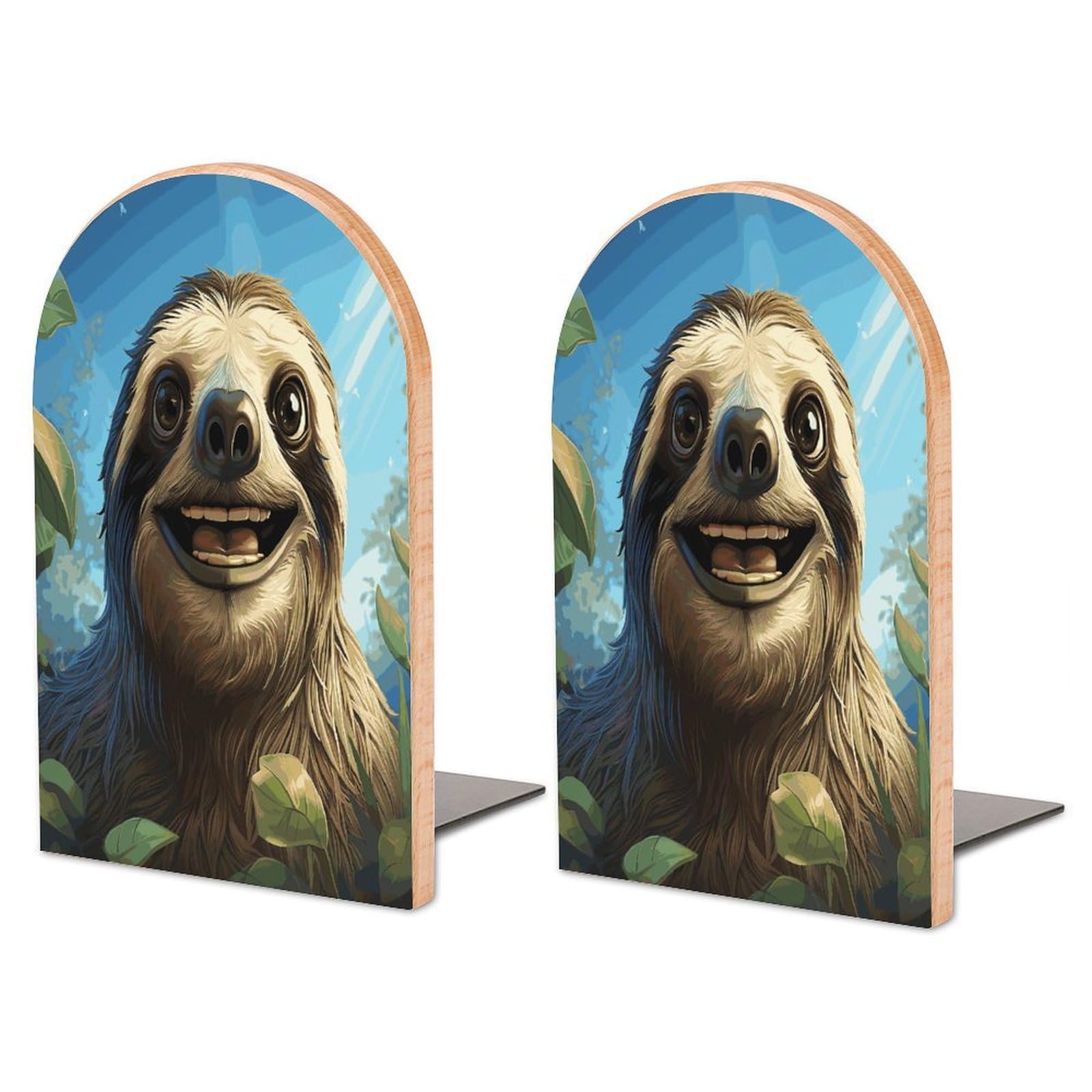 Cartoon Funny Sloth Bookend for Shelves Wooden Book End Large Size Sturdy Book Holders Stoppers with Metal Base for Bookshelves Slick Decorative Bookends Stands