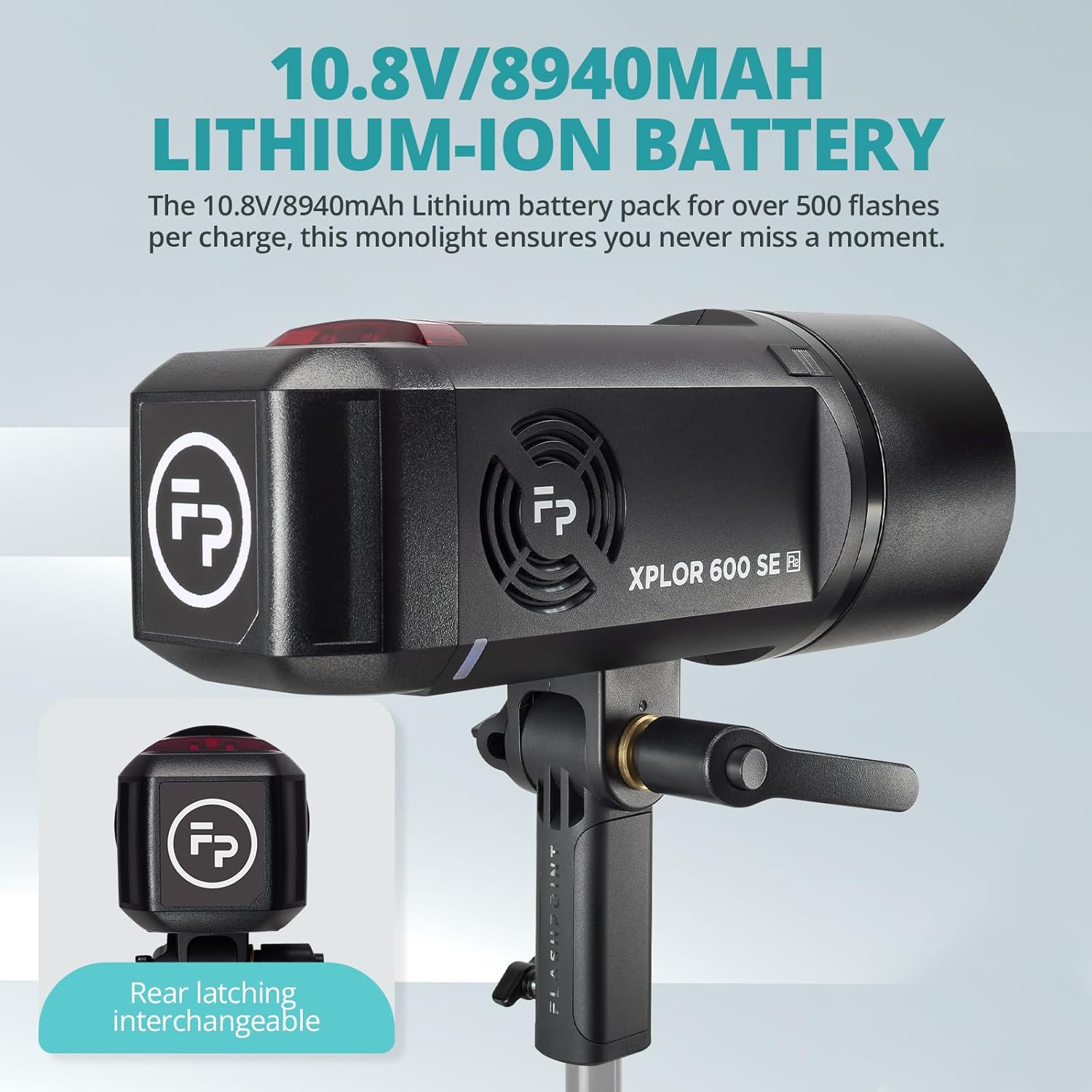 بند ڪرڻ view of the Flashpoint XPLOR 600 SE battery compartment, showing the rear latching interchangeable battery.