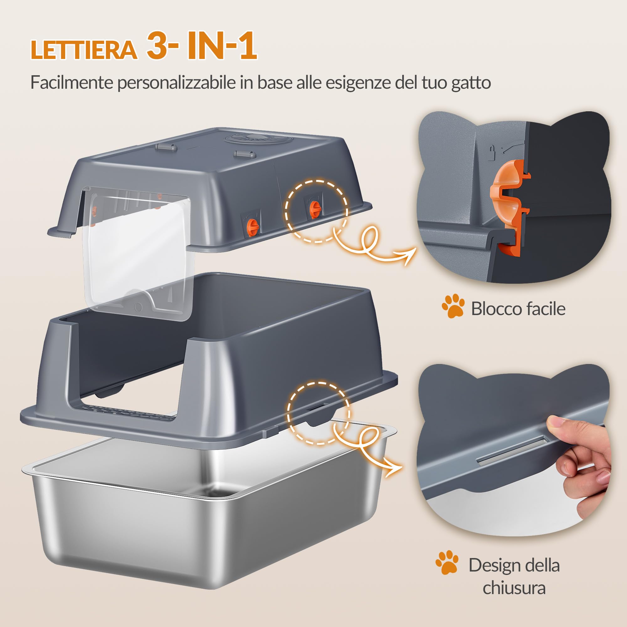 Lettiera Acciaio Inox Gatto XXL, 61 x 41 x 40 cm, Grigio Scuro | Lettiera Gatto Chiusa con Coperchio, Coperchio Incernierato a 180°, Pedale e Paletta, Facile da Pulire, Design Modulare