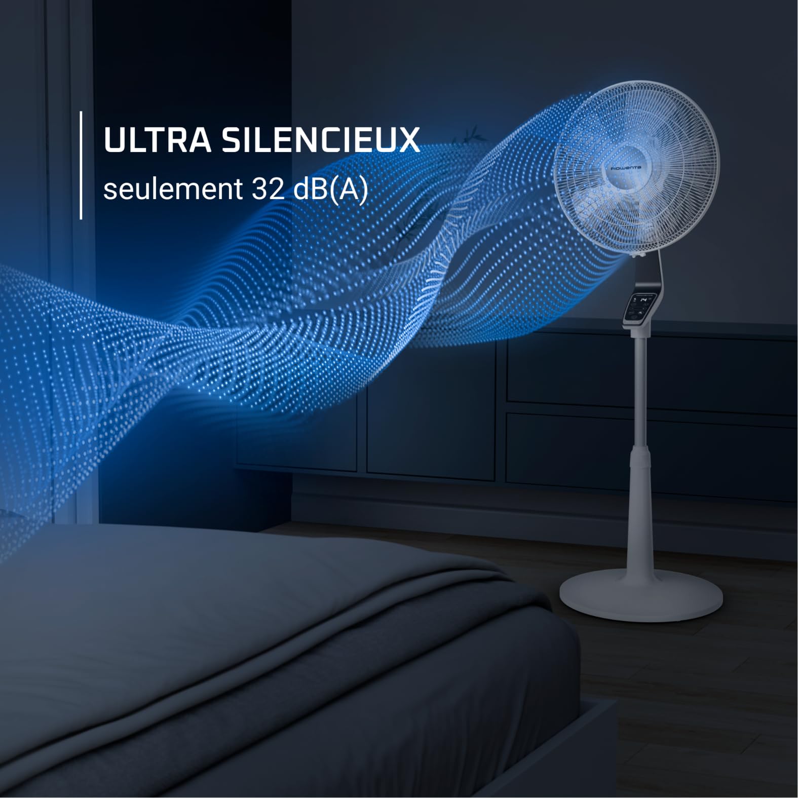 Rowenta Turbo Silence Extreme Ventilateur sur pied, Puissant, Silencieux, Écoénergétique, Design, Timer 12h, Télécommande VU5690F0, Blanc et Métallisé