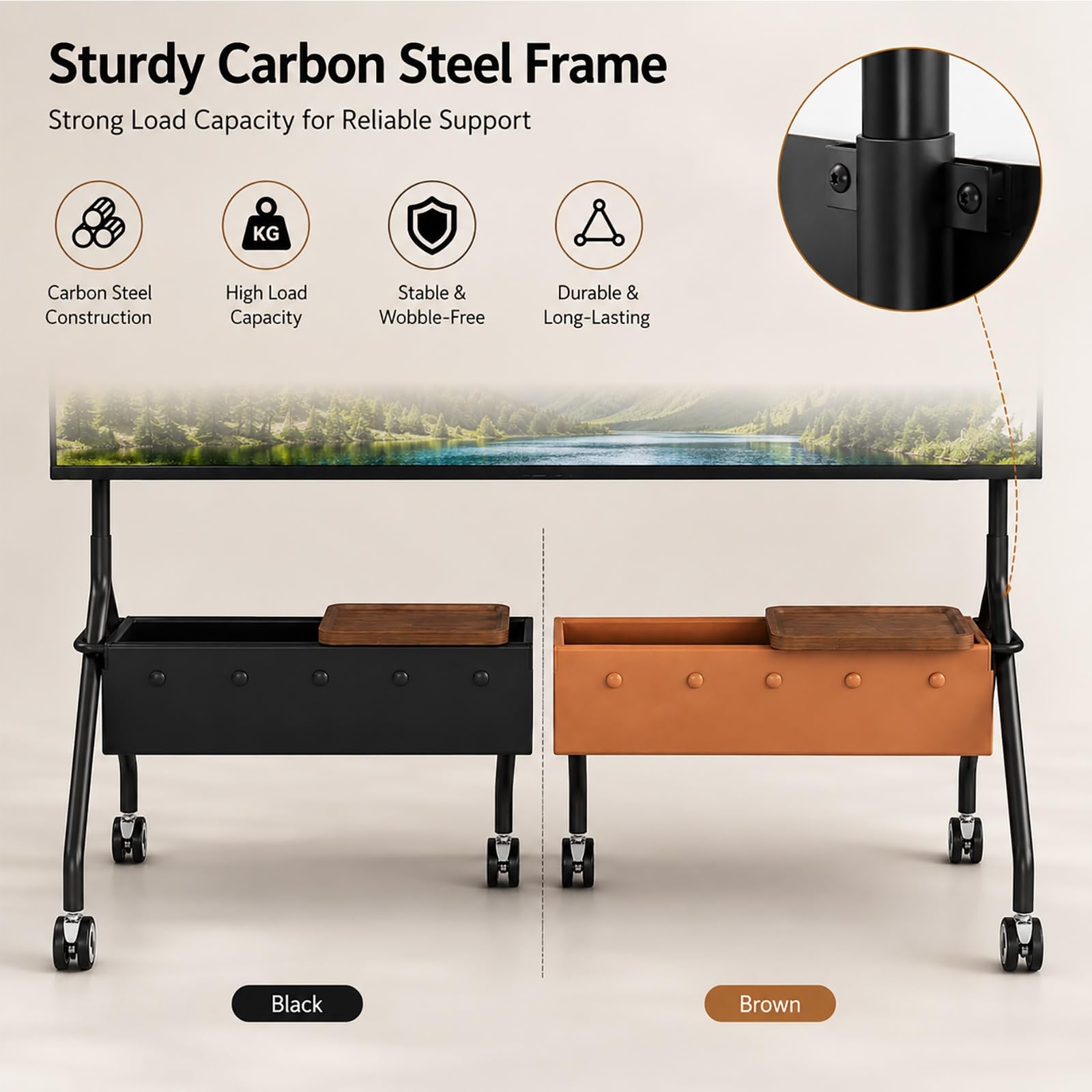 Supporto TV Mobile con Ruote, Carrello TV Mobile | Acciaio al Carbonio, Ruote Bloccabili, Scatola Portaoggetti, Pegboard DIY(Black)