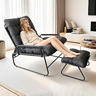 Balkonsessel, Sitzsessel mit Verstellbarer Rückenlehne, loungesessel Garten mit Hocker, Relaxliege Wohnzimmer, Outdoor Lounge Sessel, Relax Sesel für Wohnzimmer, Schlafzimmer, Büro (Grau .)