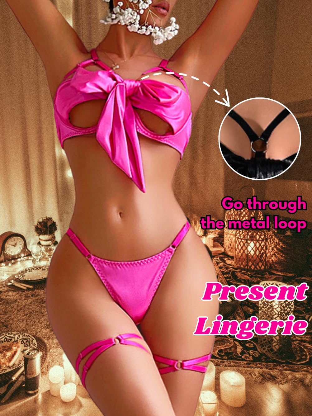 Kaei&Shi Bow Lingerie for Women, Strappy Bowtie Satin Bra and Panty Set