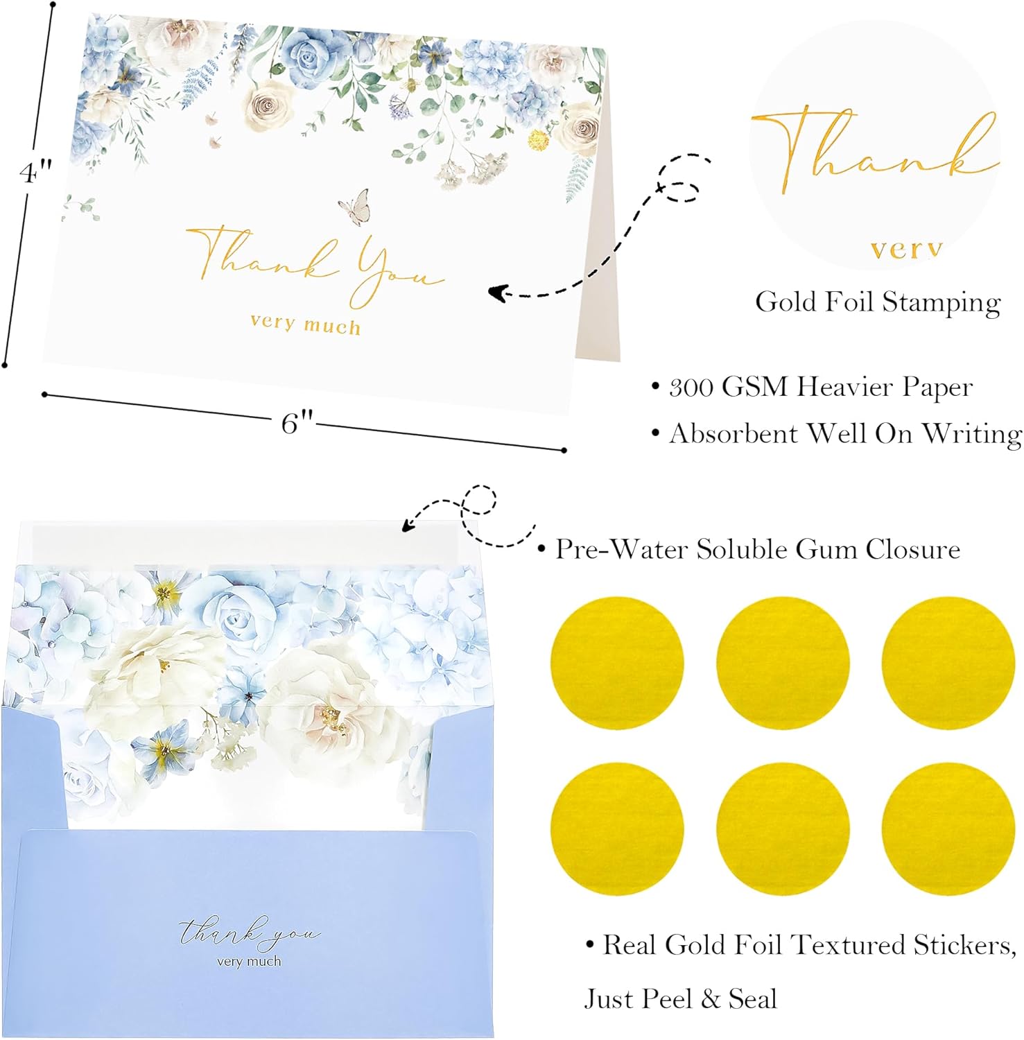 Crisky 50 Pcs Floral Thank You Cards with Envelopes & Stickers, Gold Foil Watercolor Blue WildFlowers Greeting Cards for Bridal Shower, Wedding, Birthday, Baby Shower - Image 2