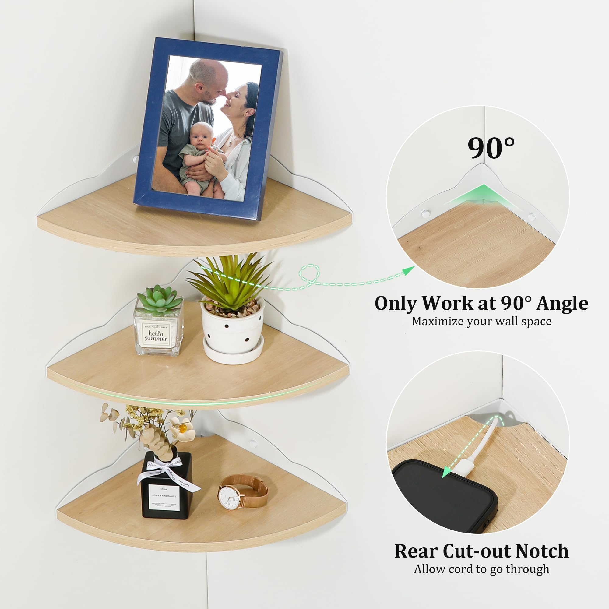 SAYAYO Estanteria Pared de 90° Juego de 3, Estante Esquinero de Madera, Radio de 27 CM Estante de Pared, Estantes Flotantes para Baño, Sala de Estar, Cocina