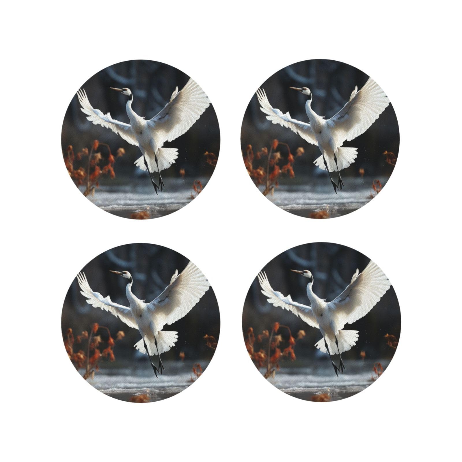 4Pcs PU Leather Coaster for Drinks, Crane Dancing Cup Coastersr 4" Cup Mat Pad, Aesthetic Drink Coasters for Coffee Table, Round Shape Coaster for Tabletop Protection