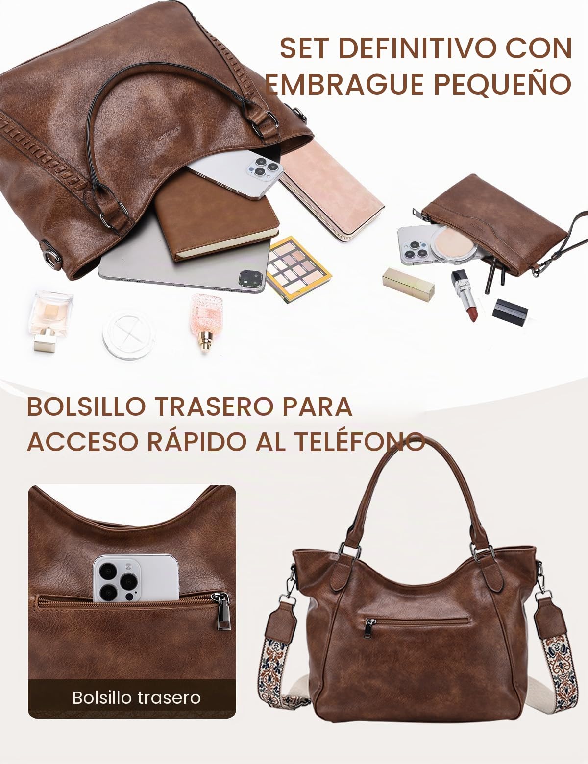 VX VONXURY Bolso Mujer, Bolso Bandolera Mujer de Cuero PU Bolso Mujer Grande con Bolsa Pequeña Bolso Hombro Mujer para Diario Trabajo Compras