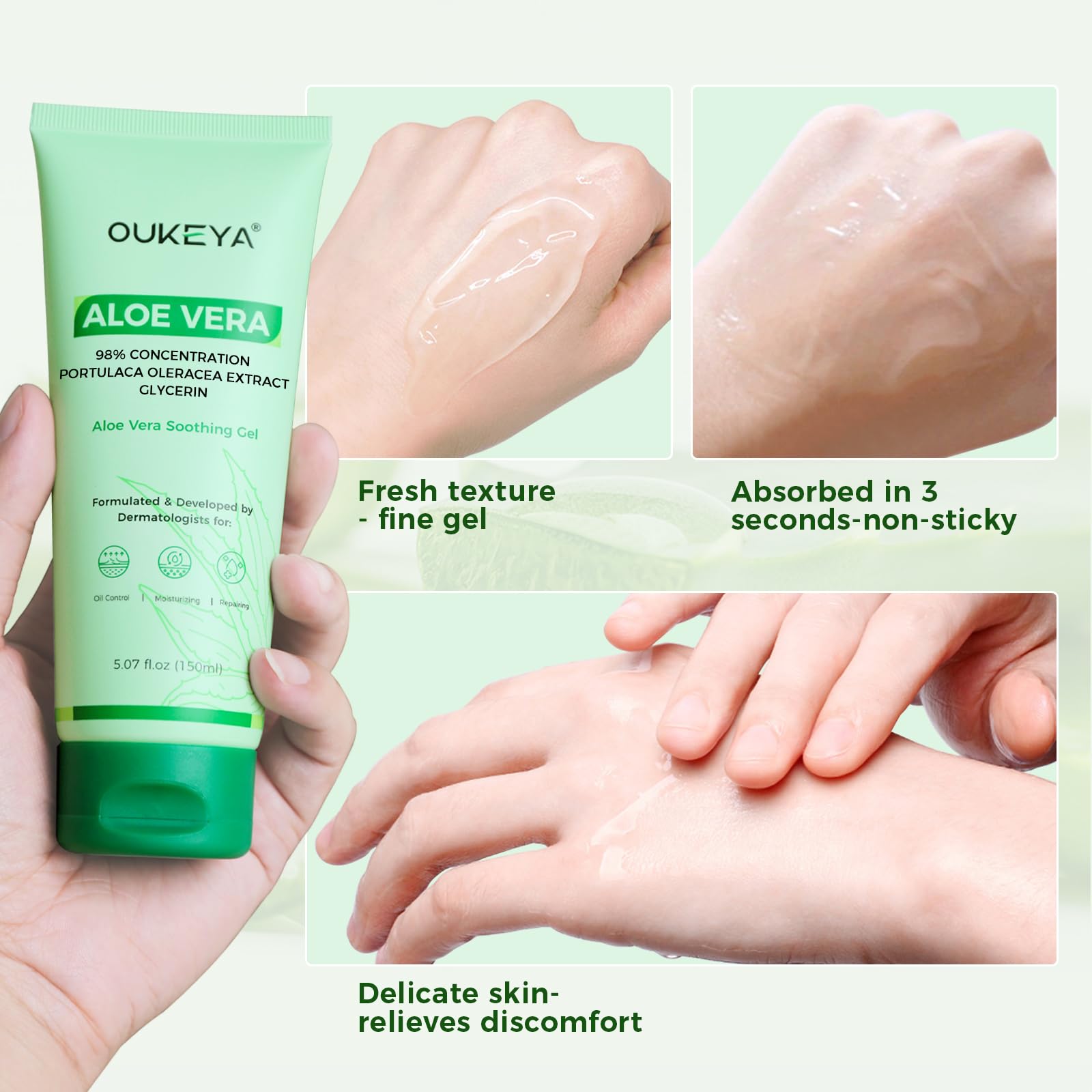 OUKEYA Aloe Vera Pure Gel 150 Ml + 2% Niacynamid, Do Twarzy, Ciała i Włosów, Na Poparzenia Słoneczne, Oparzenia i Suchą Skórę, Łagodzący, Wzmacnia Barierę Skórną, Dermatologicznie Testowany