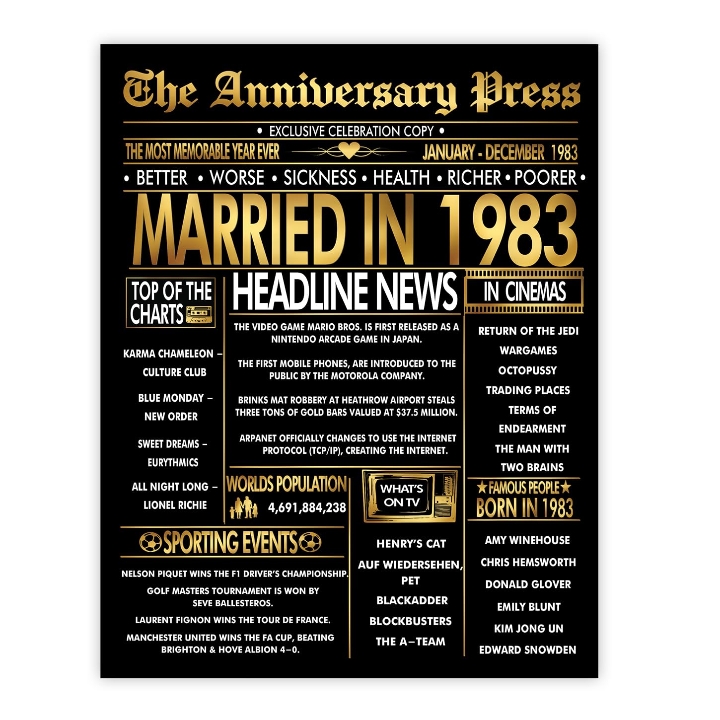 Stuff4 Men's 1983 Gold 43Rd Anniversary Poster Unframed - Golden Married In Newspaper - 43 Wedding Anniversary For Wo Vintage Gifts Back In 8X10 Inch Anniversaries Posters