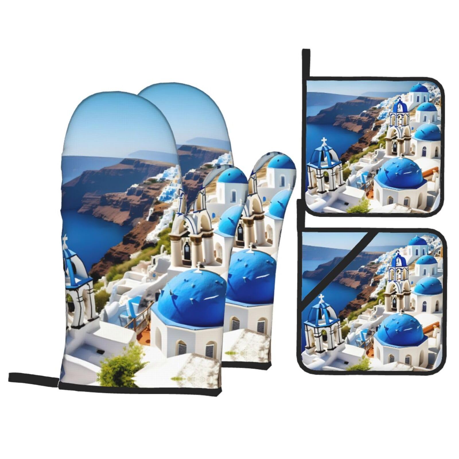 Nimongt Black Greek Island Sea View Print Heat-Resistant 4-Piece Oven Kitchen Gloves For Baking Cooking Microwaving Essentials