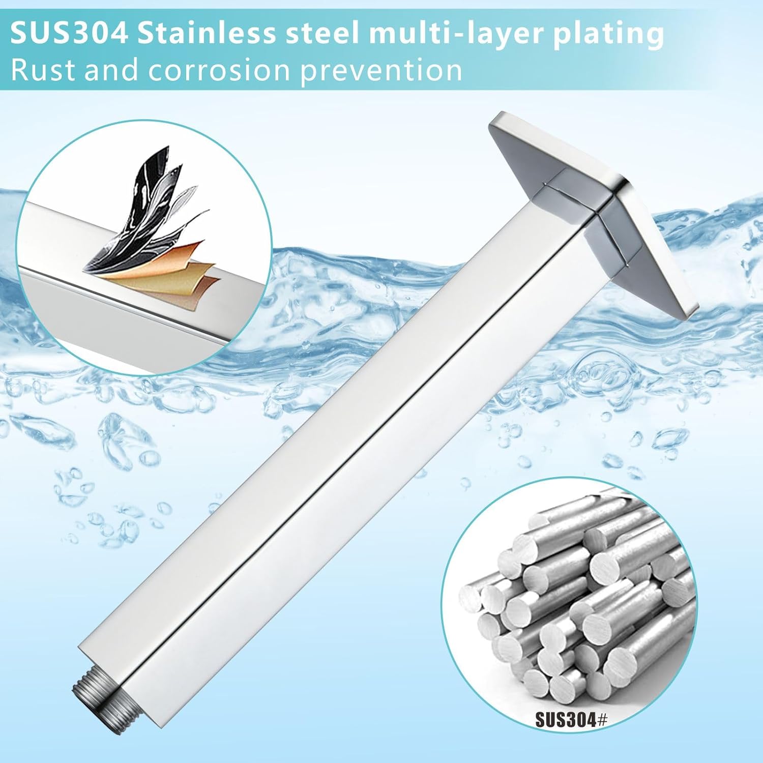 Ceiling Mounted Shower Arm with Flange, Universal Connection 1/2 NPT Straight, Made of Thicken Stainless Steel, Square Extension Arm for Fixed Rain Shower Head(16 Inch, Chrome)