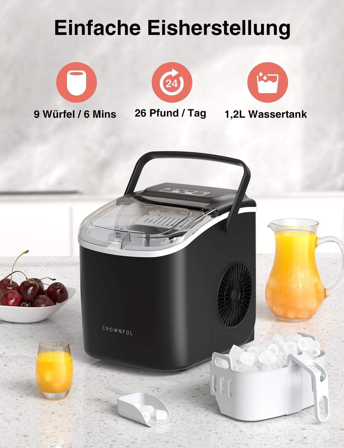 CROWNFUL Eiswürfelmaschine, Tragbar Eiswürfelbereiter 9 Würfel in 6 Minuten fertig, Selbstreinigende Eiswürfelmaschinen,12 KG/24H Stunden, ideal für Zuhause, Küche, Büro, Bar, Party