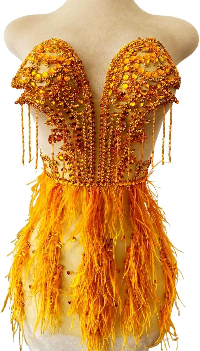 Handmade Luxury Tassels Feathers Bodice Appliques Hand-Stitched Beads Rhinestones Trim Patches Shiny Accessories for Dresses (Silver)