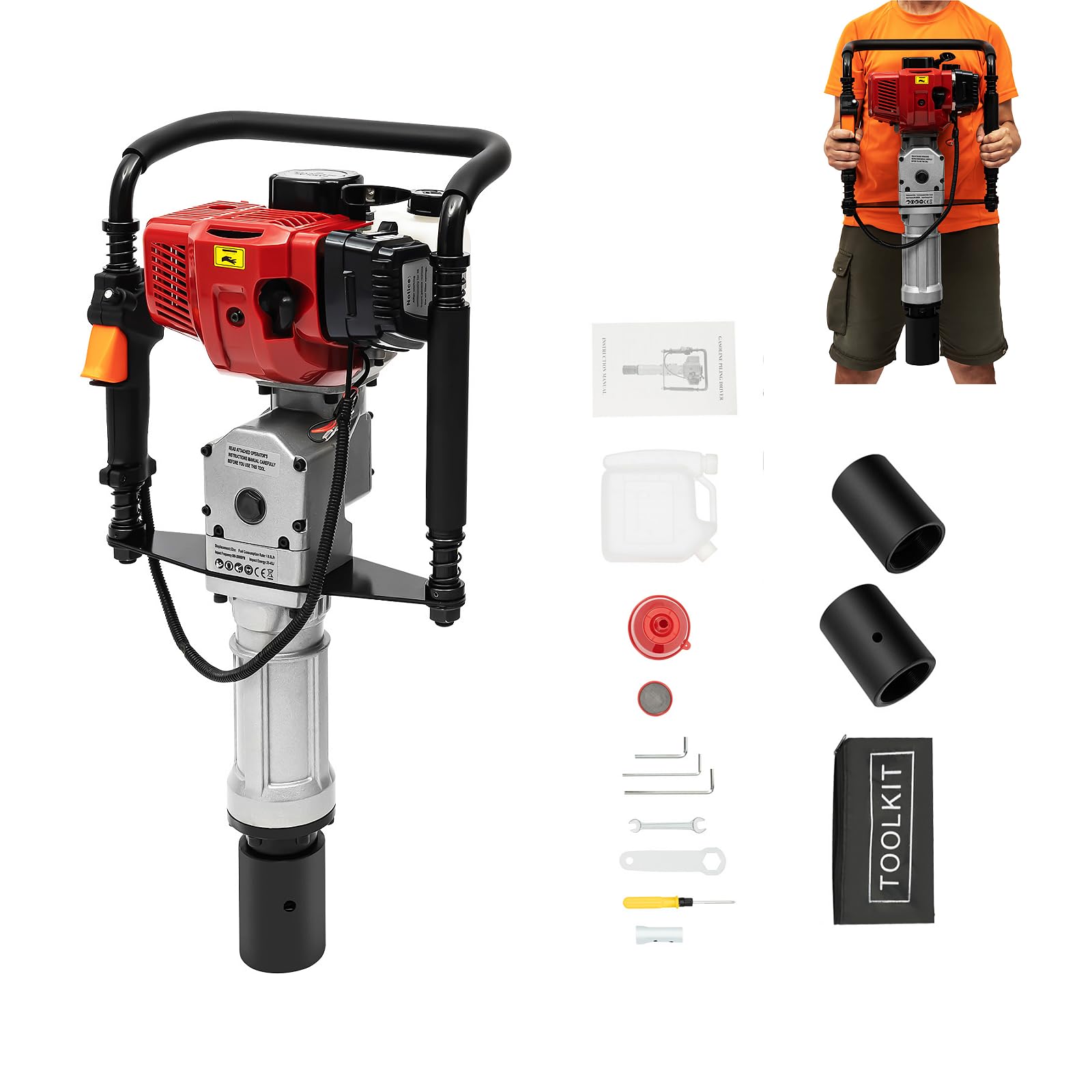 Benzin Pfahlramme 2 Takt Motor Erdbohrer 52CC 1900W Pfostentreiber mit 55 & 70mm Hülsen Benzin Rammgerät Hand Zug Start Fahlramme für Gebäude, Leitplanken, Halterungen