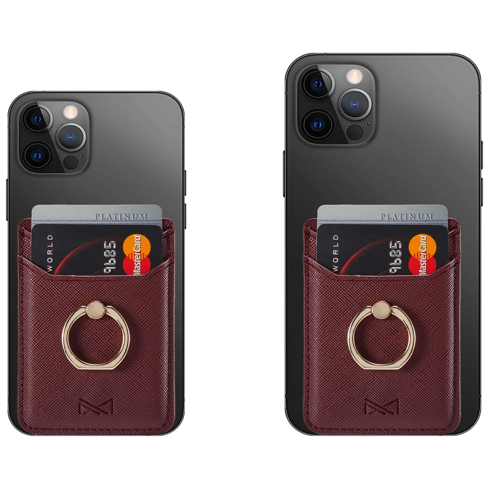 Handy-Kartenhalter mit Ringgriff für die Rückseite des Telefons, selbstklebende Kreditkartenetui für iPhone, Android und Smartphones, Weinrot
