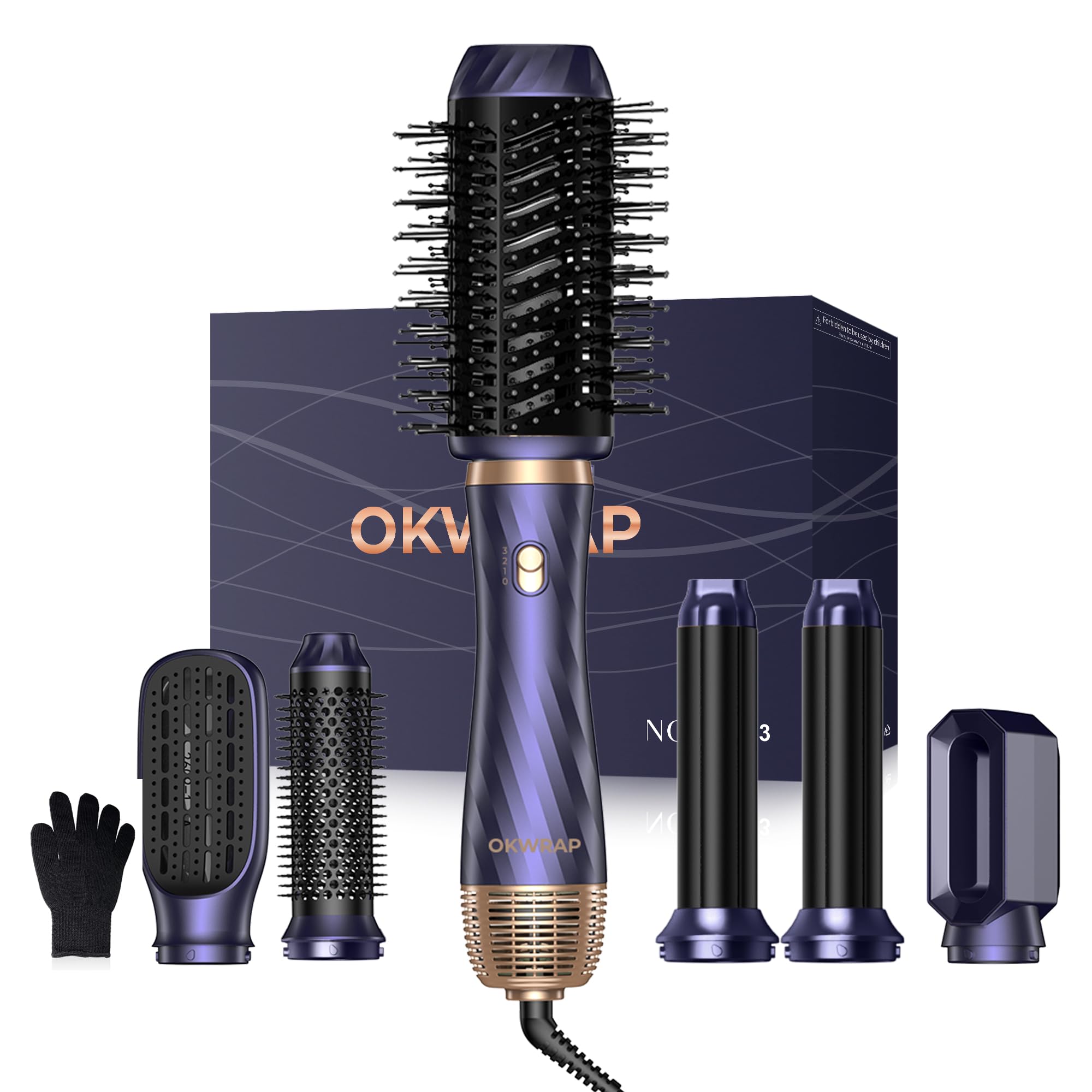 Air Styler Set 6 en 1, OKWRAP Secador 6 en 1,Cepillo de Aire Set 6 Cabezales Intercambiables 3 Temperaturas Cepillo Moldeador De Pelo Cepillo Secador Pelo With Riza, Da Volumen, Alisa y Seca