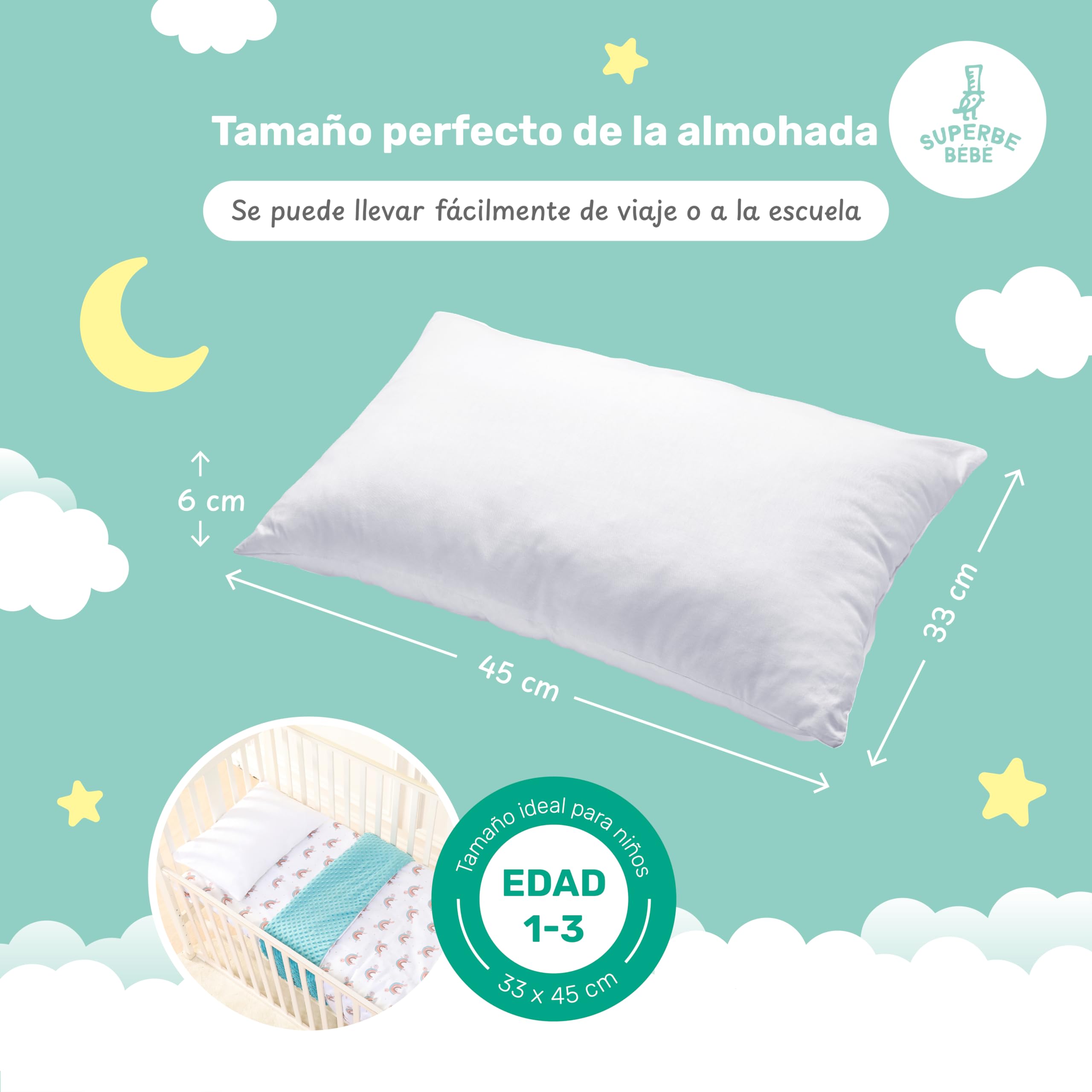 Almohada Infantil Blanca 33x45 Cm De Algodón Oeko-Tex - Almohada Cuna Bebe Y Niños- Cojin Pequeño para Bebés para Siestas En La Guardería, Escuela Y Viajes - 1 Año 2 Años