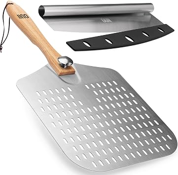 Perforated Pizza Peel 12 x 14 Inch. Paddle Spatula with Foldable Handle - Pizza Cutter Rocker 14 Blade. Pizza Stone Oven Accessories and Chopper Knife Tools
