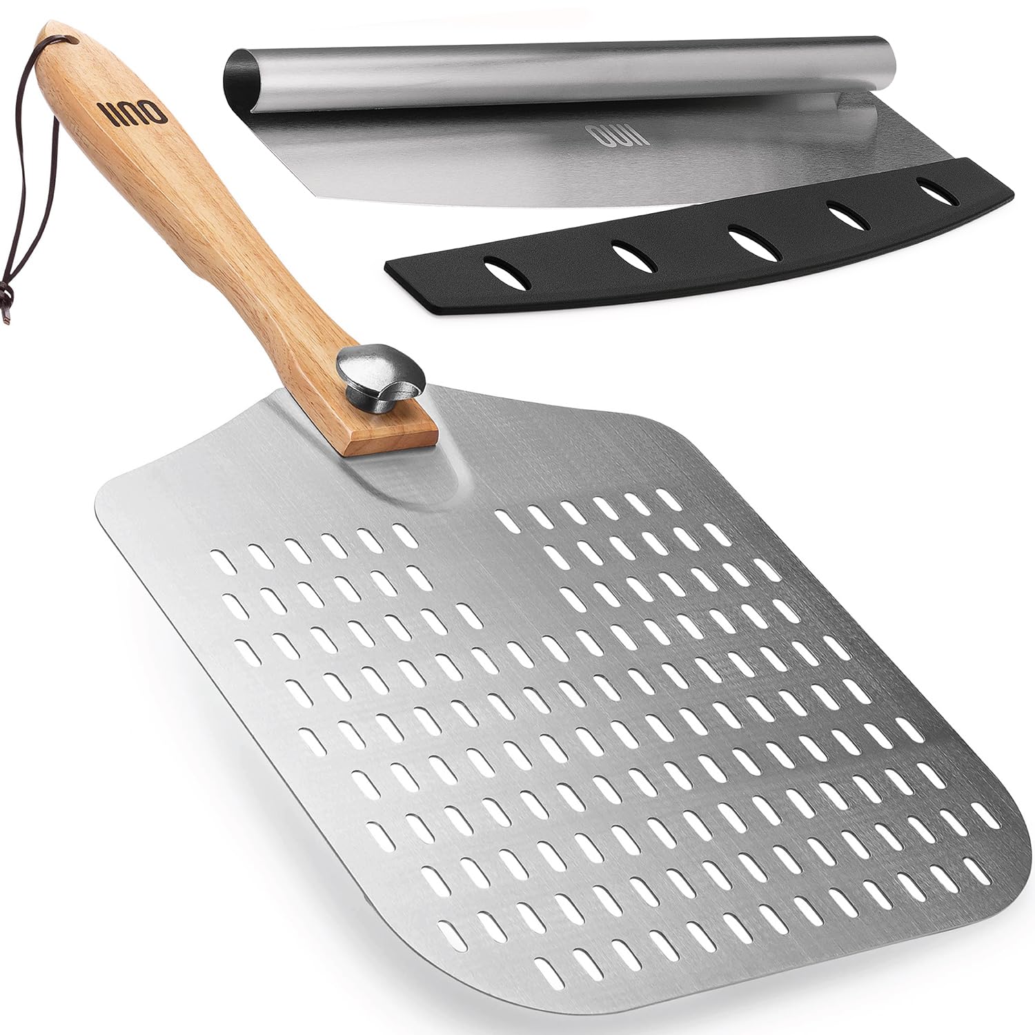 OUII Perforated Pizza Peel 12 x 14 Inch. Paddle Spatula with Foldable Wood Handle - Pizza Cutter Rocker 14'' Blade Spatula for Pizza Stone. Pizza Oven Accessories and Rocker Knife Pizza Tools