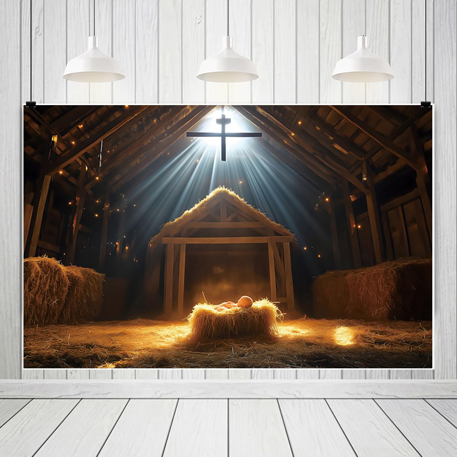 3 x 2,5 m Nativity Stable Backdrop Birth of Jesus Manger Photography Background Hay Bales Christian Cross Sunbeam Lights Rustic Wooden Holy Christmas Religion Theme Photo Studio Props