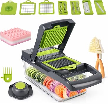 18-in-1 Vegetable Chopper Slicer & Dicer, Multi Function Manual Food Chopper with Stainless Steel Blades, Onion Potato Salad Veg Cutter, Kitchen Tools & Gadgets Green & Grey