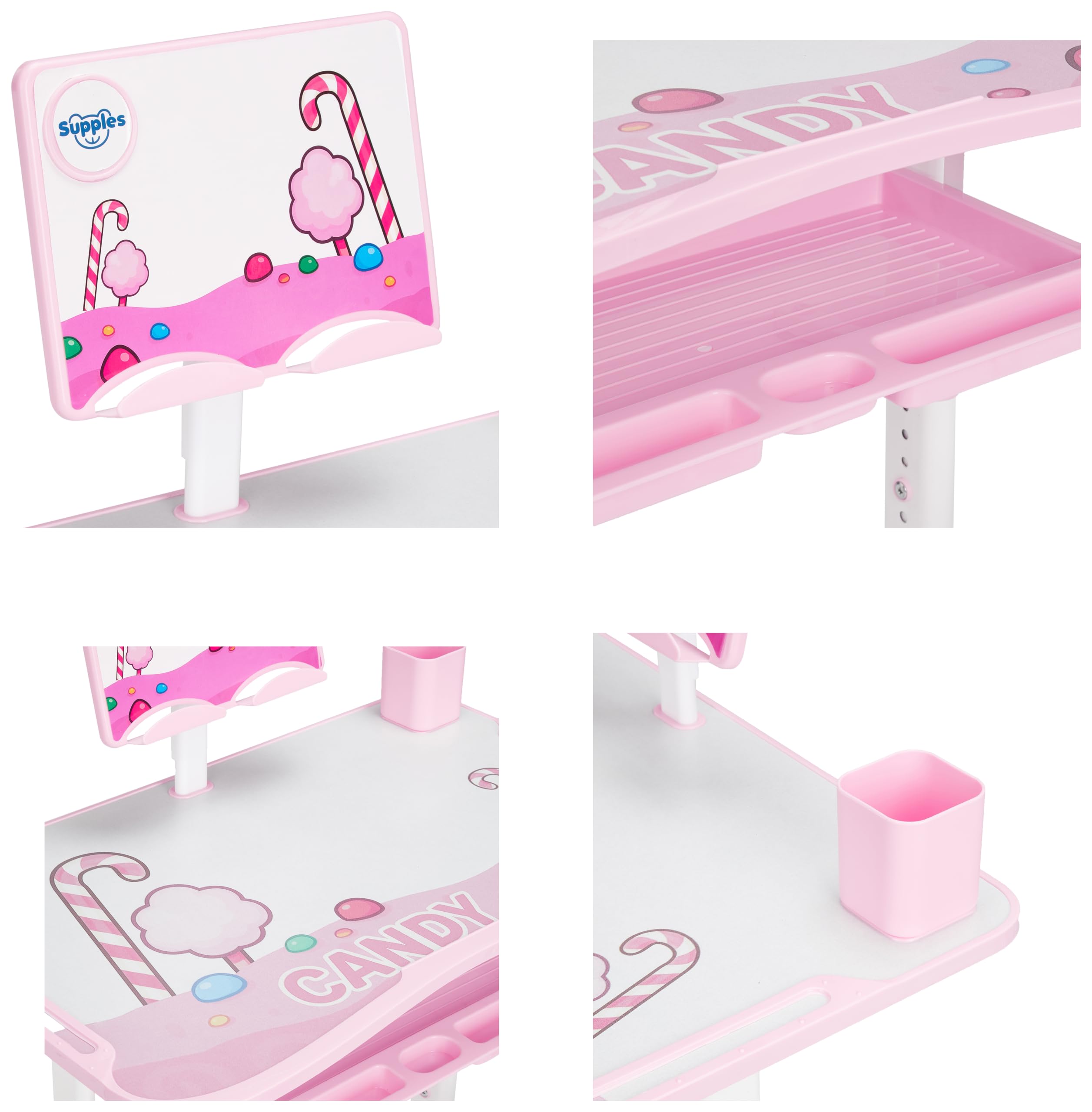 Amazon Brand - Supples Study Table for Kids | Suitable for 3-12 Years | Kids Study Table with Height Adjustable Table & Chair, Book Storage & Pen Holder | Pink | Candy Print - Image 3 thumbnail