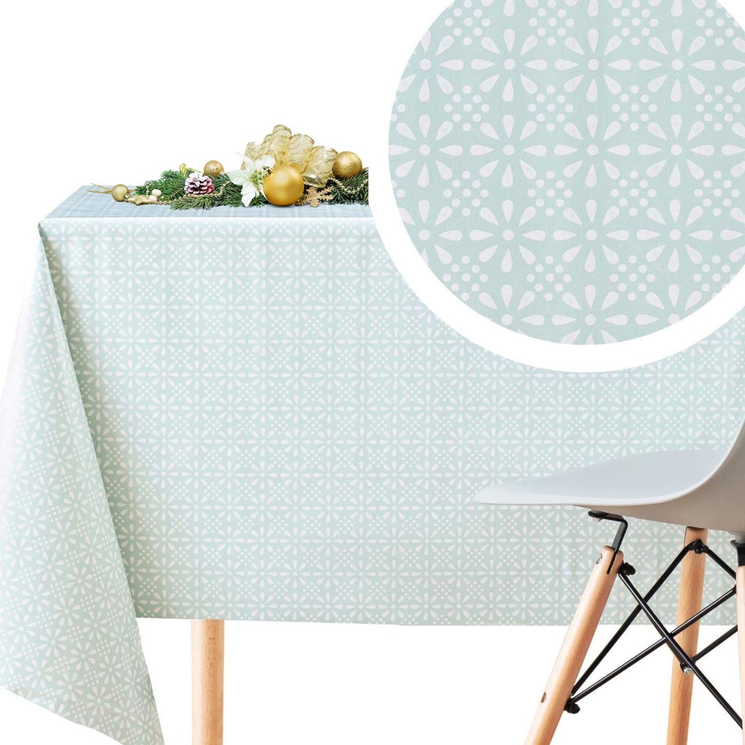 KP HOME Wipe Clean Tablecloth Turquoise Duck Egg PVC Table Cover - Rectangle 200 x 140 cm - Easy Wipeable Vinyl Plastic Table Cloth With Retro Mint Floral Print