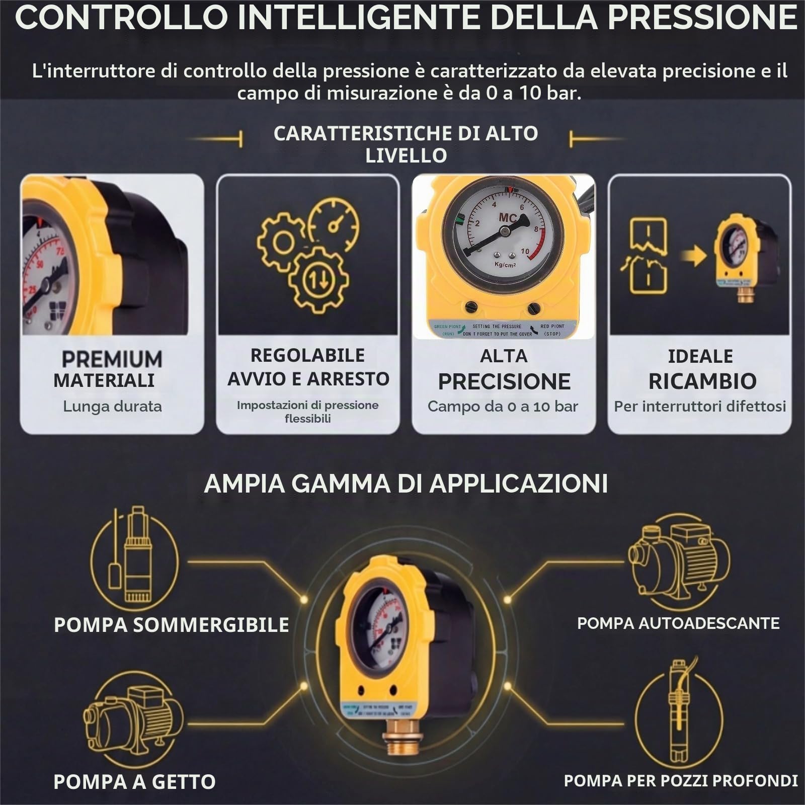 220 V 0~10 bar Interruttore Elettronica Unità Pressostato Regolabile per Pompa Acqua (Spina di EU)