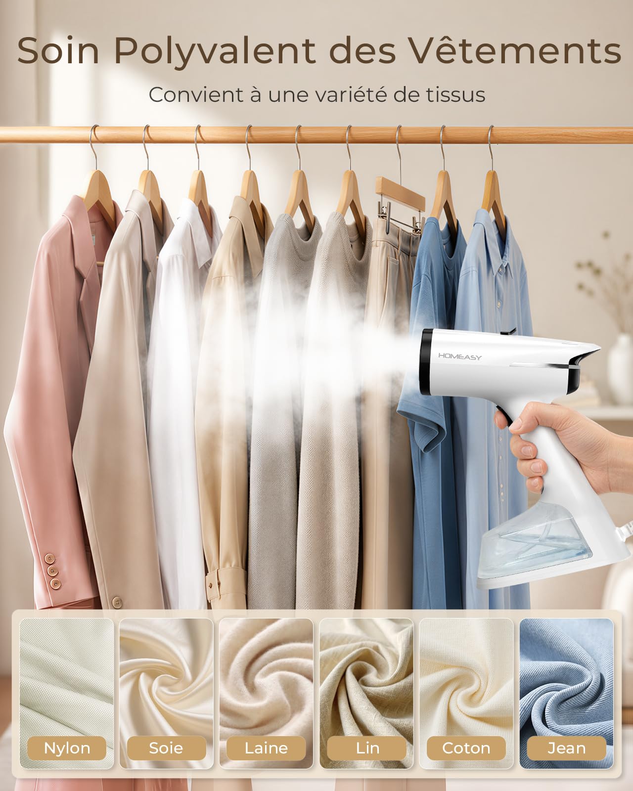 HOMEASY Défroisseur Vêtement à Main avec Aspiration 6000Pa, 1500W | Vapeur E22, Réservoir 270ml, 2 Niveaux, Préchauffe 25s, Sans Planche, Maison et Voyage
