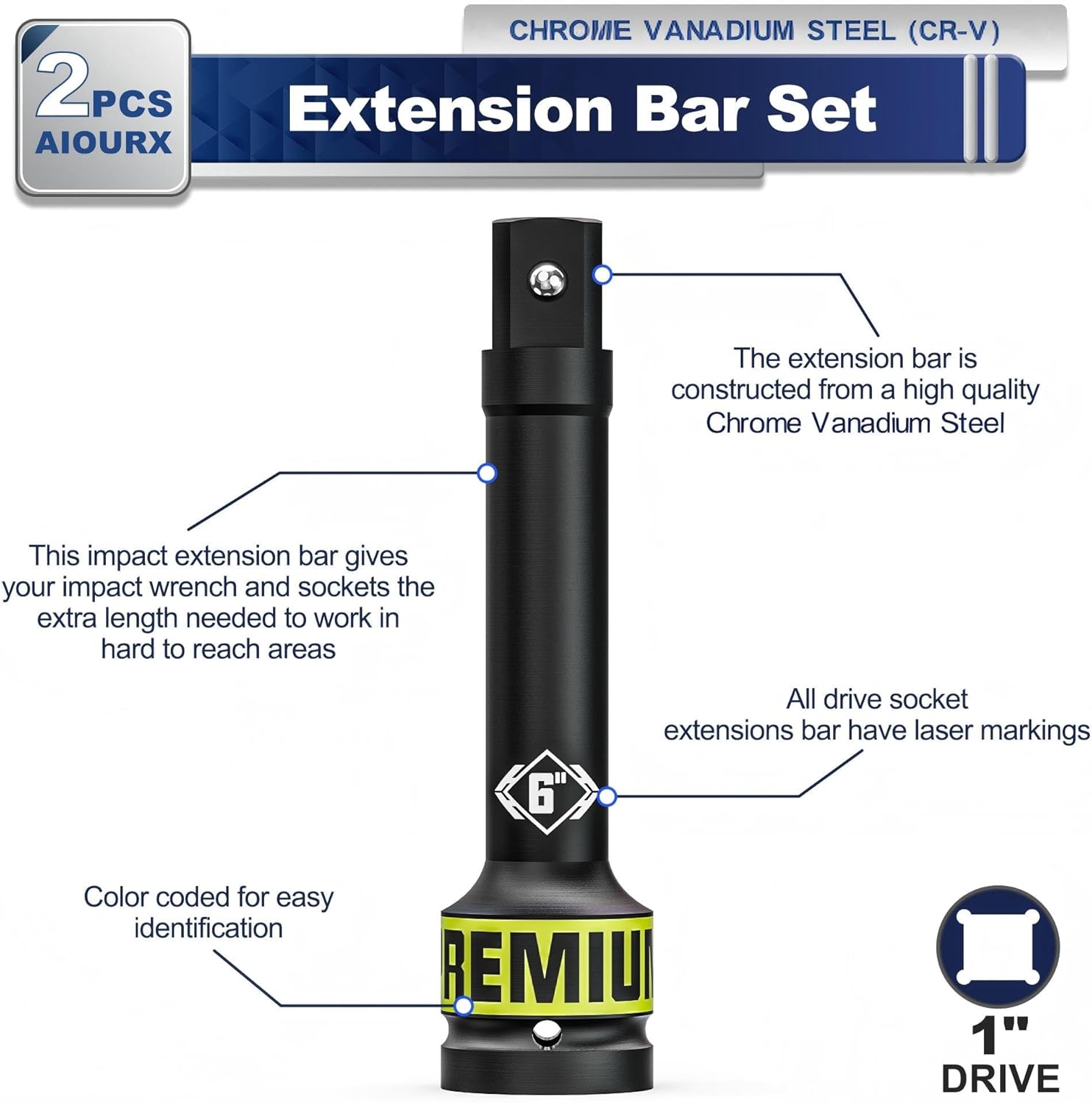 2 Pcs 1" Drive Impact Extension Bar Set, 6" & 10" Length Socket Extensions, CR-V Steel, Narrow and Deep Areas in Bicycle, Automotive Repair or Industrial Operations