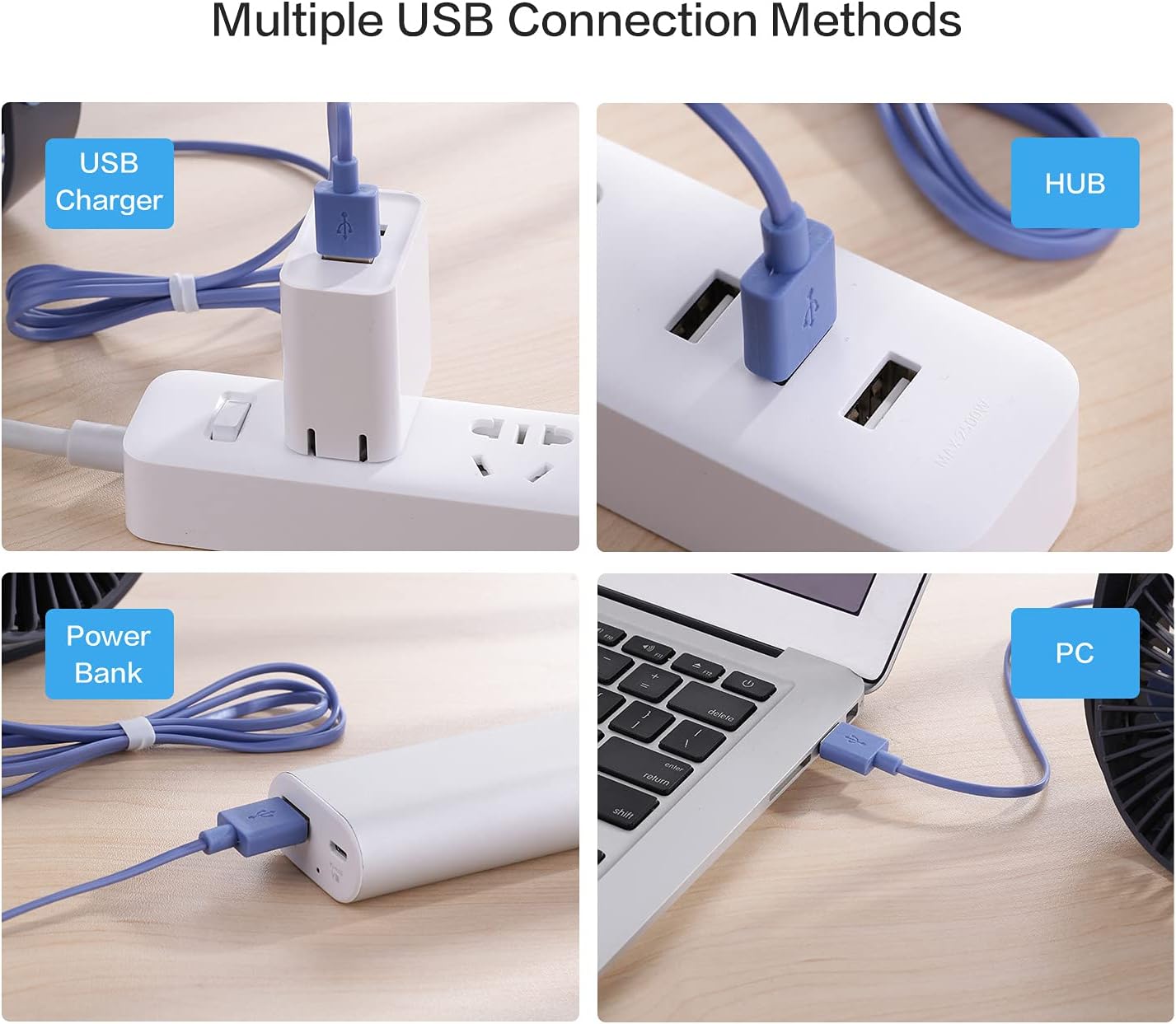 Various USB connection methods for the fan, including USB charger, HUB, Power Bank, and PC