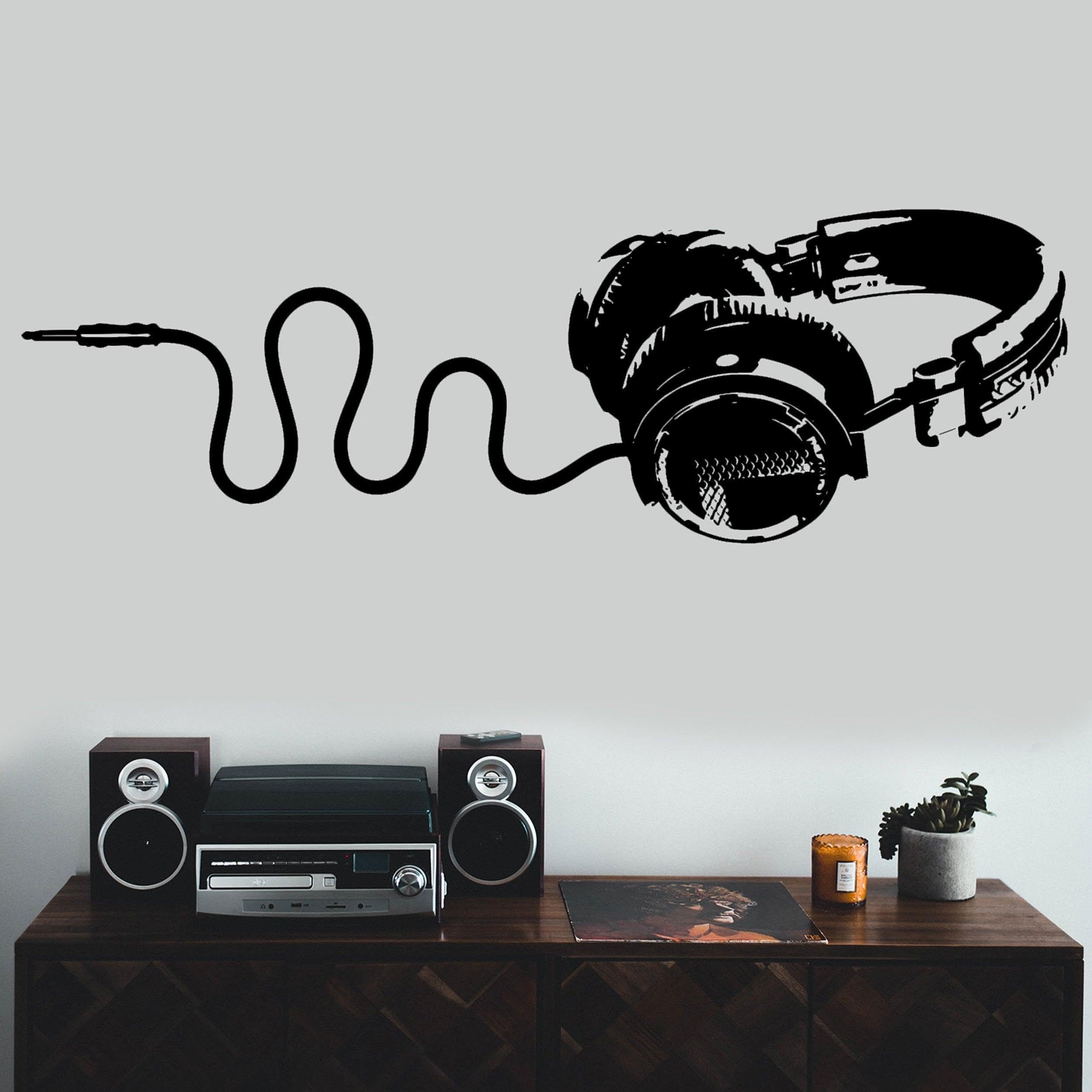 Decalcomania da parete con musica – vinile cuffie DJ adesivo per camera di ragazzi 55 x 14
