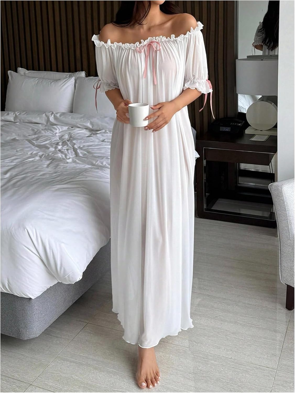 OYOANGLE Women's Off the Shoulder Sheer Nightgowns Bow Short Puff Sleeve Maxi Nightdress Sleepwear