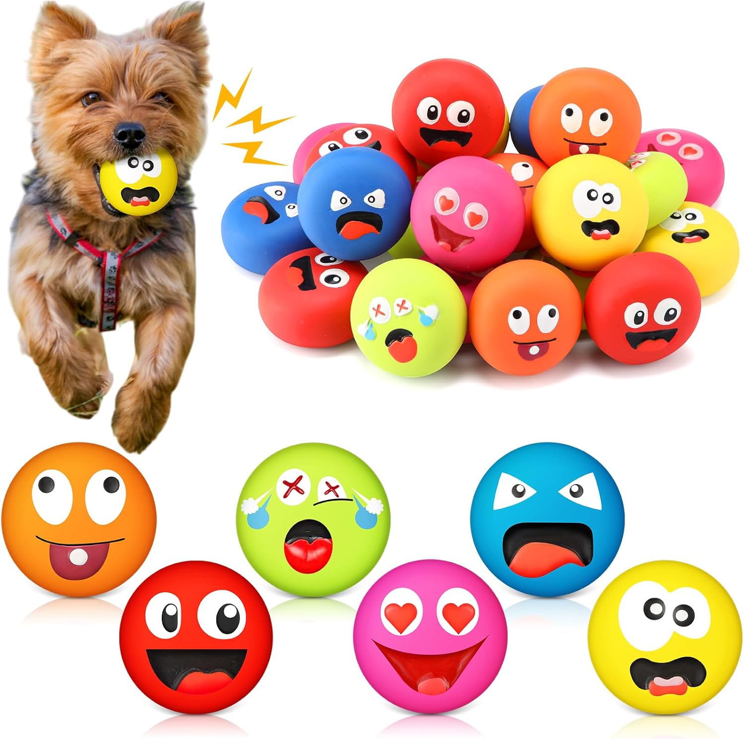 Hungdao 24 Pcs Dog Squeaky Toys for Small Breeds Face Soft Latex Rubber Squeaky Dog Balls Bulk Fetch Play Balls Puppy Toys for Mini Small Breeds Pet Teething Training Interactive
